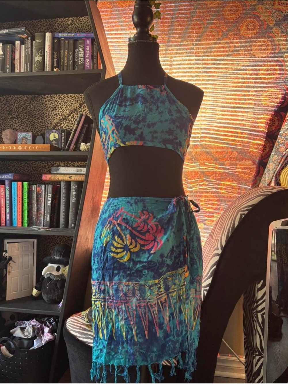 Blue Tie-Dye Crop Halter Top & Wrap Skirt Set